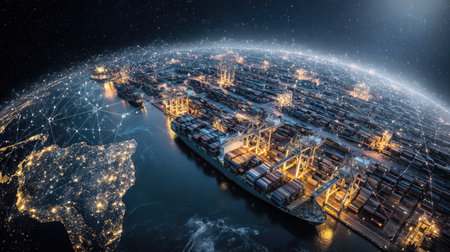Discover the intricate web of global shipping logistics in this nighttime aerial view of a busy port, featuring illuminated containers and advanced connectivity systems.の素材