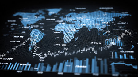 This image features a digital world map overlayed with data visualizations, representing global market trends and analytics for business insights and strategic decisions.の素材