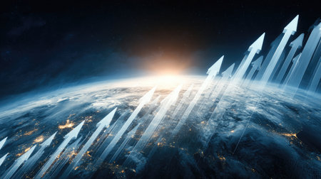 A captivating image featuring dynamic arrows rising above Earth during a stunning sunrise, symbolizing growth, hope, and progress against a starry night backdrop.の素材