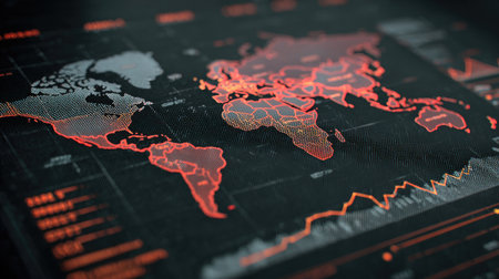 Explore a modern digital representation of the world map featuring vibrant red highlights. This image showcases geographic data and analytical insights, perfect for presentations.の素材
