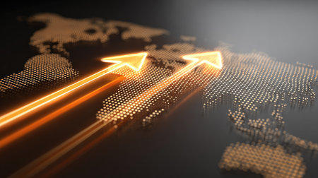 This image features a modern digital map with orange arrows representing growth and expansion, creating a dynamic and visually inspiring design for various applications.の素材