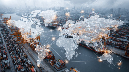 Aerial view of a bustling port filled with shipping containers, digitally overlaid with a world map, highlighting global logistics and connectivity in modern trade networks.の素材