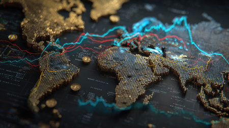 This striking digital art piece showcases a world map composed of gold dots, intertwined with colorful data visualizations, representing global economic insights.の素材