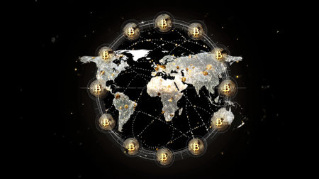 This visually striking image features a digital map of the world interconnected with Bitcoin symbols, representing the expansive global network of cryptocurrency and blockchain technology.の素材