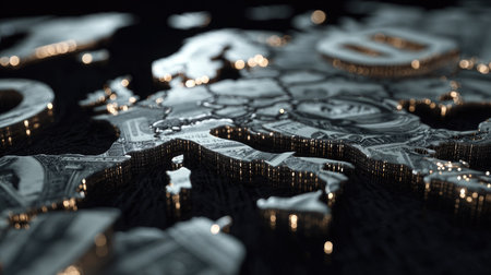 A captivating 3D representation of Europe featuring currency motifs and glowing symbols, illustrating economic interrelations and financial dynamics across the continent.の素材