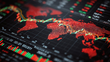 This digital screenshot showcases global financial market trends with vivid red and green line graphs representing economic fluctuations and investment opportunities.の素材