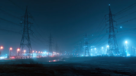 A misty night scene showcasing electric towers surrounded by fog, illuminated by city lights in blue and orange hues, creating a serene, atmospheric setting.の素材