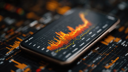 A modern smartphone rests on a dark surface, showcasing vibrant financial graphs and data. This image highlights analytics and trends important for business and investment analysis.の素材
