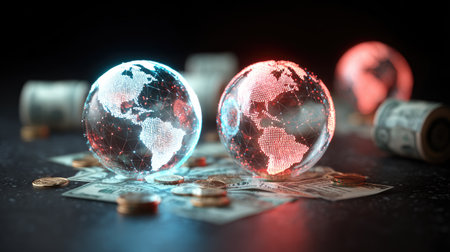 An evocative depiction of the global economy featuring transparent globes, cash notes, and digital connections, symbolizing financial transactions across borders.の素材