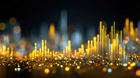 This captivating abstract image features glowing light bars that represent data visualization and financial growth, creating a dynamic and futuristic atmosphere.の素材