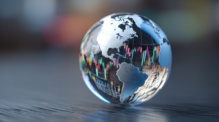 A stunning glass globe features reflections of stock market data, capturing the essence of global finance and investment trends with a modern technological flair.の素材