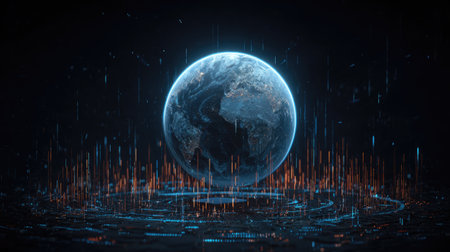 An artistic representation of Earth surrounded by glowing data streams, highlighting themes of technology and global connectivity in a captivating cosmic scene.の素材