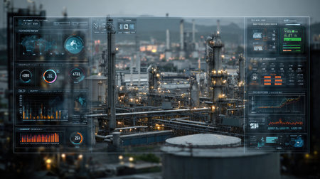 A high-tech industrial control room scene showcases a digital interface with real-time data analytics and monitoring for oil and gas processing facilities in an urban landscape.の素材