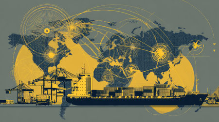 This illustration showcases global trade dynamics with a container ship against a world map, symbolizing economic connections and the logistics of international commerce.の素材