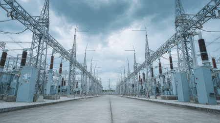A power substation sits under a moody sky, showcasing multiple transformers and high-voltage equipment. This industrial landscape emphasizes energy infrastructure and technology.の素材