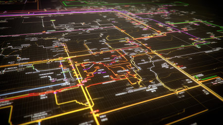 A vibrant abstract digital map displays colorful lines and geometric shapes representing complex urban connections and data networks, highlighting modern technology principles.の素材