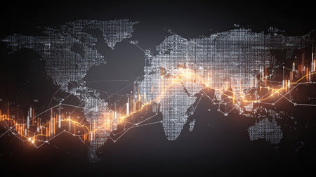 This image showcases a detailed world map with a dynamic graph overlay, highlighting financial market trends and investment opportunities in a digital format.の素材