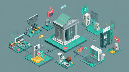 This isometric illustration showcases digital banking elements, including a bank building, ATMs, and currency symbols, emphasizing the evolution of financial technology and services.の素材