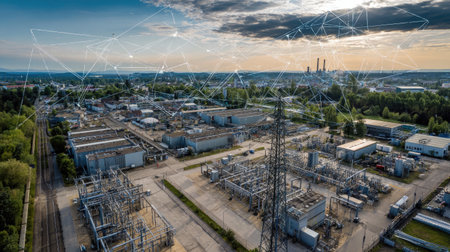 A stunning aerial view captures an industrial site featuring a complex power grid and communication lines, showcasing the blend of technology and urban landscape at sunset.の素材