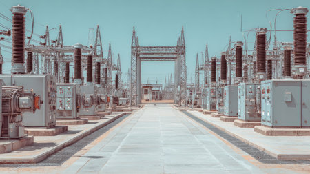 A vast electric substation featuring high voltage equipment under a clear blue sky. The image showcases the essential infrastructure for energy distribution and management.の素材