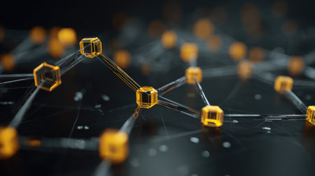 This image showcases an intricate network of glowing orange cubes set against a dark backdrop, symbolizing digital connectivity and technological innovation.の素材