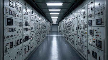 Explore the intricate design of an industrial control room, showcasing a wall of control panels and displays that monitor operations in a high-tech environment.の素材