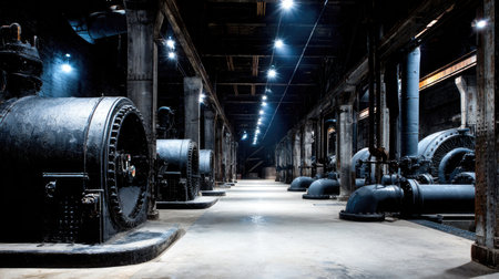 Explore the captivating ambiance of an industrial hall featuring vintage machinery, exposed pipes, and atmospheric lighting that highlights its unique architectural features.の素材