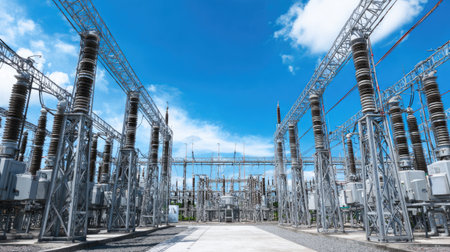Clear view of a modern electrical substation showcasing high voltage equipment and steel structures. The scene captures the essence of energy distribution technology under a bright blue sky.の素材