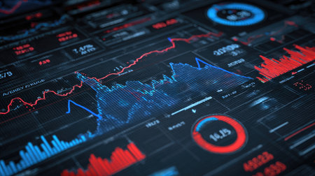 Engaging digital visualization of financial data showcasing various charts and graphs, ideal for analytics, trading presentations, and business insights.の素材