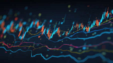 Colorful data visualizations depict an abstract financial chart on a dark background. The design represents stock market trends and can symbolize investment analysis.の素材