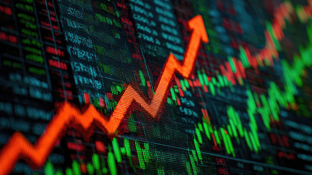 Colorful stock market chart showing a significant upward trend, showcasing various financial indicators and data visualizations to highlight trading possibilities.の素材