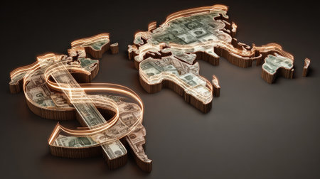 This artistic image features a world map formed from currency notes, representing global finance, trade connections, and the flow of wealth across countries.の素材