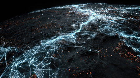 This abstract image represents a digital network with glowing lights connecting urban areas, highlighting innovation and technology in a dark earth setting.の素材