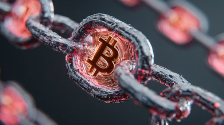 Visual representation of blockchain technology featuring a bitcoin symbol encased in a glowing chain link, illustrating secure cryptocurrency transactions and innovation.の素材
