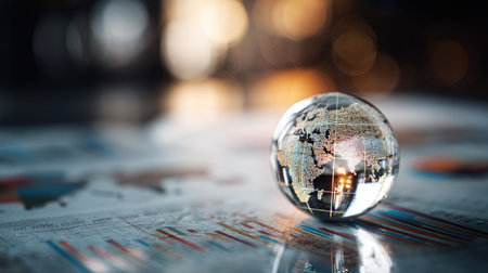 A stunning crystal globe featuring an intricate world map set against vibrant financial charts, illustrating a dynamic global business concept in a visually captivating way.の素材