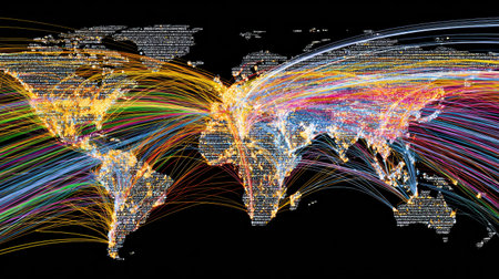 A stunning visual representation of global connectivity, showcasing vibrant light trails on a world map, symbolizing the dynamic data flow and information exchange.の素材