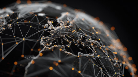 A high-tech visualization of a globe with intricate network connections and bright nodes, symbolizing data transfer and global communication in a digital age.の素材