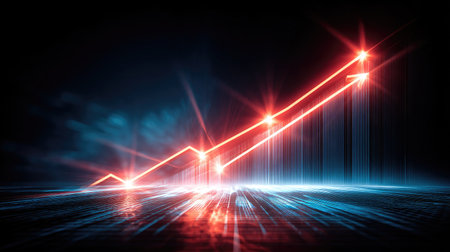 A dynamic and vibrant representation of upward growth in data analytics, featuring a glowing neon graph set against a futuristic backdrop. Perfect for business themes.の素材