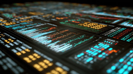 Explore an abstract representation of financial data showcasing colorful graphs and charts against a dark background. Ideal for representing stock market trends and analytics.の素材