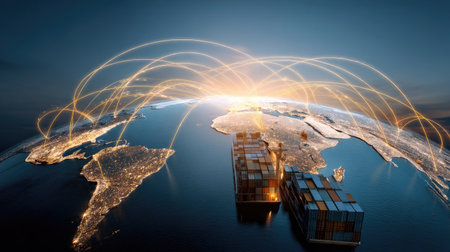 A captivating image showcasing the intricate global trade network with cargo ships and illuminated cities, illustrating logistics and connectivity over the Earth at dawn.の素材