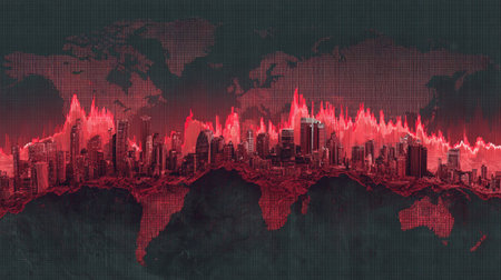 This striking image features a global city skyline with dramatic red and black colors, overlaying dynamic data visualizations that symbolize economic trends and digital advancement.の素材