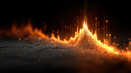 A stunning abstract image showcasing a vibrant orange wave composed of particles rising dramatically against a dark background, capturing the essence of energy and motion.の素材