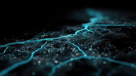 Abstract digital artwork featuring a glowing blue electric pathway against a dark background, enhanced by sparkling particles for a futuristic aesthetic.の素材