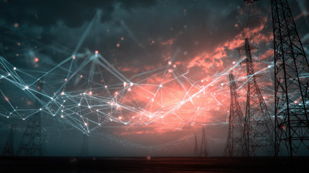 A striking image of power lines against a vibrant sunset, enhanced with abstract light trails representing digital connections and networking possibilities.の素材