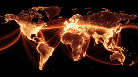 A captivating illustration of the world map illuminated with bright lines showcasing digital communication and data flow. Perfect for themes of technology and connectivity.の素材