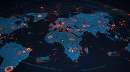 A high-tech digital map showcasing global geography with intricate data overlays in blue and orange colors, ideal for technological applications and analytics visuals.の素材