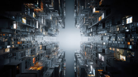 A captivating depiction of a futuristic urban environment showcasing intricate structures, illuminated windows, and a symmetrical layout that evokes a sense of depth and wonder.の素材