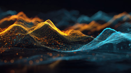Stunning visual representation of abstract waves in vibrant blue and orange hues with glowing particles, perfect for digital art projects and creative backgrounds.の素材