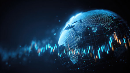 A captivating digital representation of the globe with vibrant line graphs, illustrating data analysis and global connectivity in a sleek blue and black design.の素材