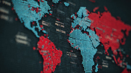 This abstract digital map features vibrant colors and distinct data points, symbolizing global connectivity and the vast network of information across the world.の素材